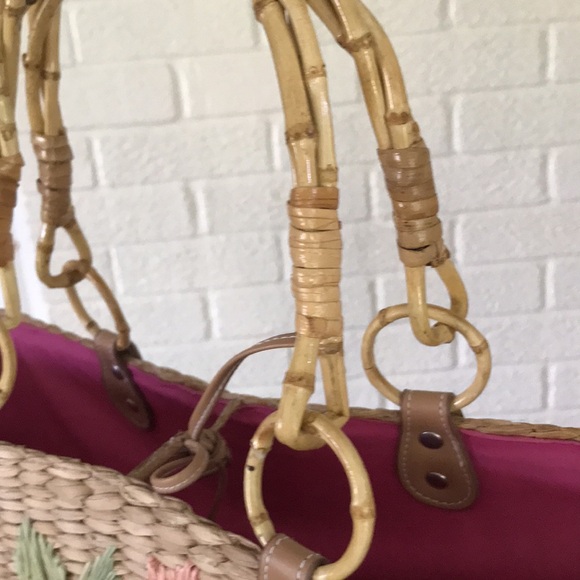 Vintage Woven Straw Floral Tote with Bamboo Handles & Solid Pink Lining - Picture 17 of 17